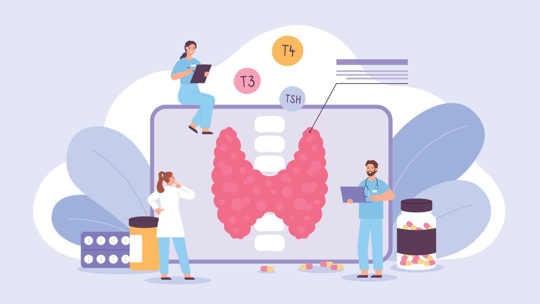 Flat endocrinologist doctors examine thyroid gland on screen. Hormone therapy, hypothyroidism or hyperthyroidism treatment vector concept