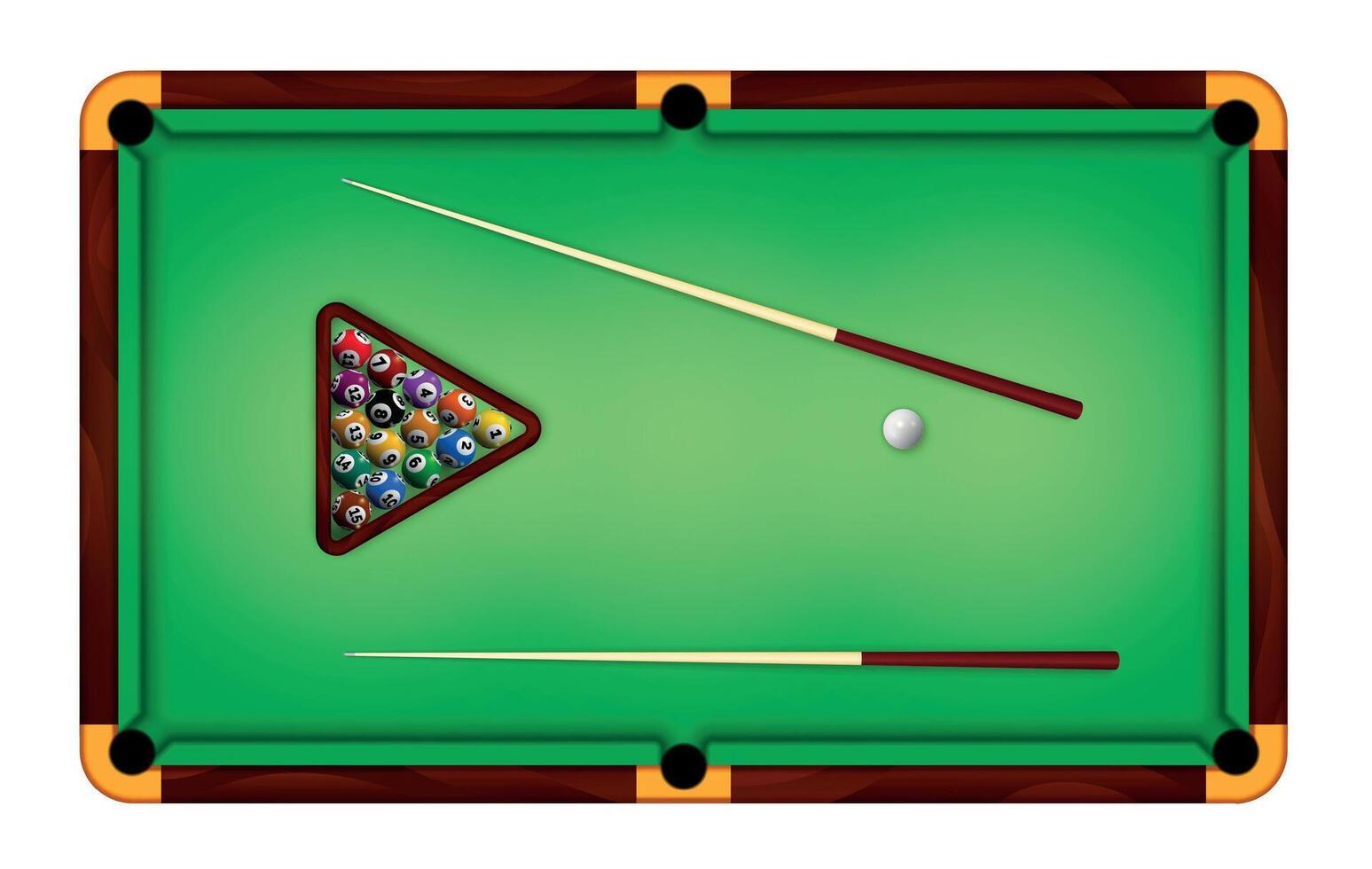 Billiard green table top view with balls and cue sticks. Realistic american pool game felt field for gamble sport tournament vector concept