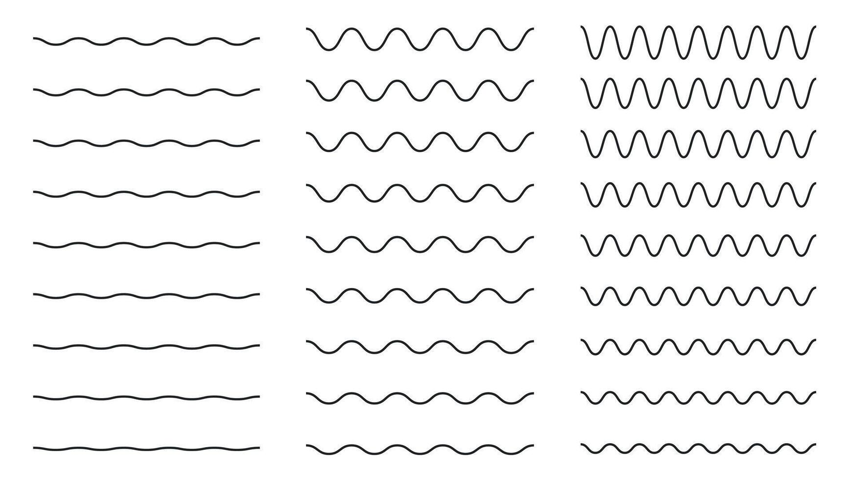 Line horizontal water wave. Wavy sinusoidal outline horizontal divider, wavy smooth ripple stripes, straight and curved line. Vector isolated set