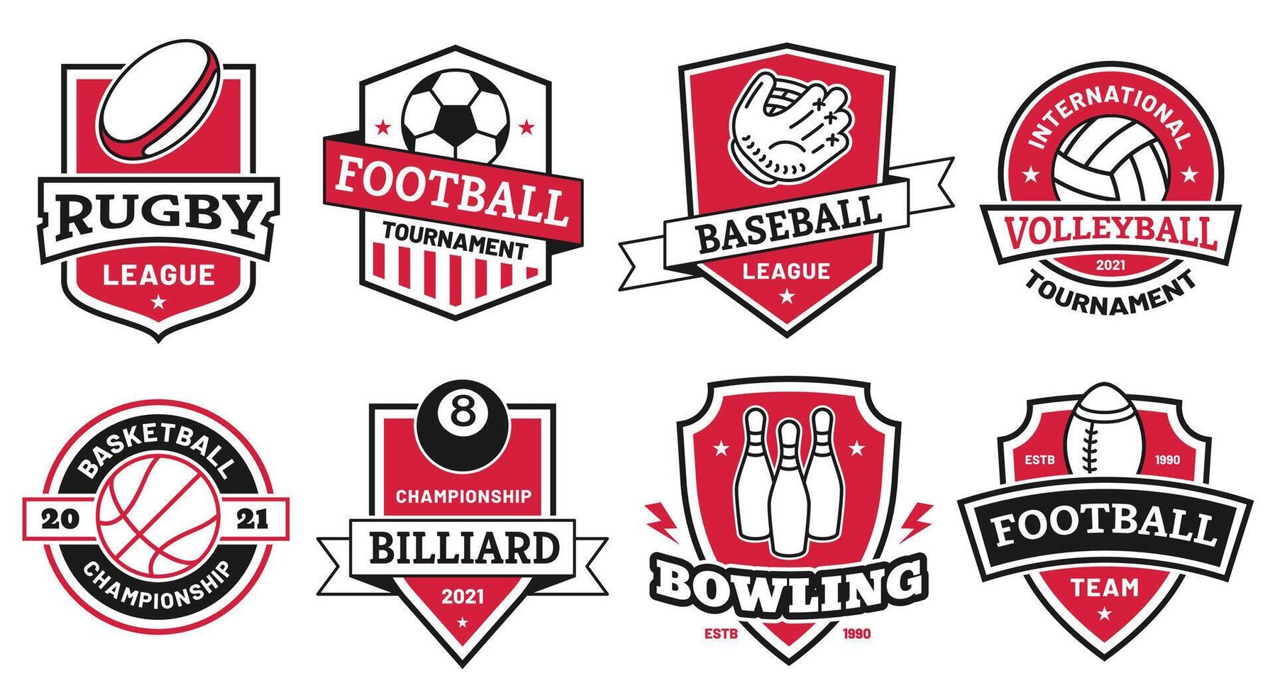 Ball sports logo. Badges for american football, soccer and basketball league. Volleyball and bowling tournament symbol on shield vector set