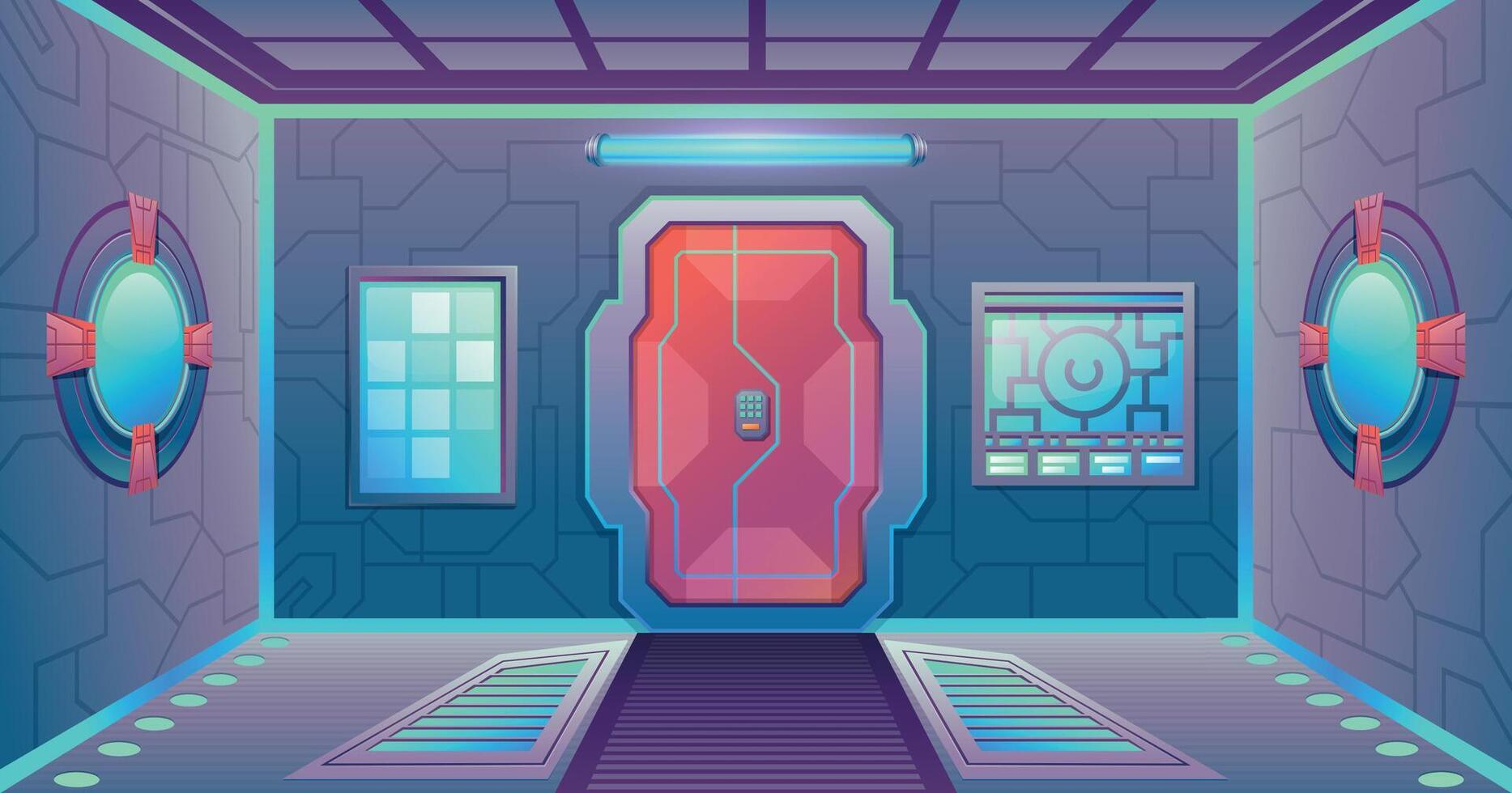 Cartoon futuristic spaceship corridor with door, panels and portholes. Space game sci-fi interior background. Cosmos station vector scene