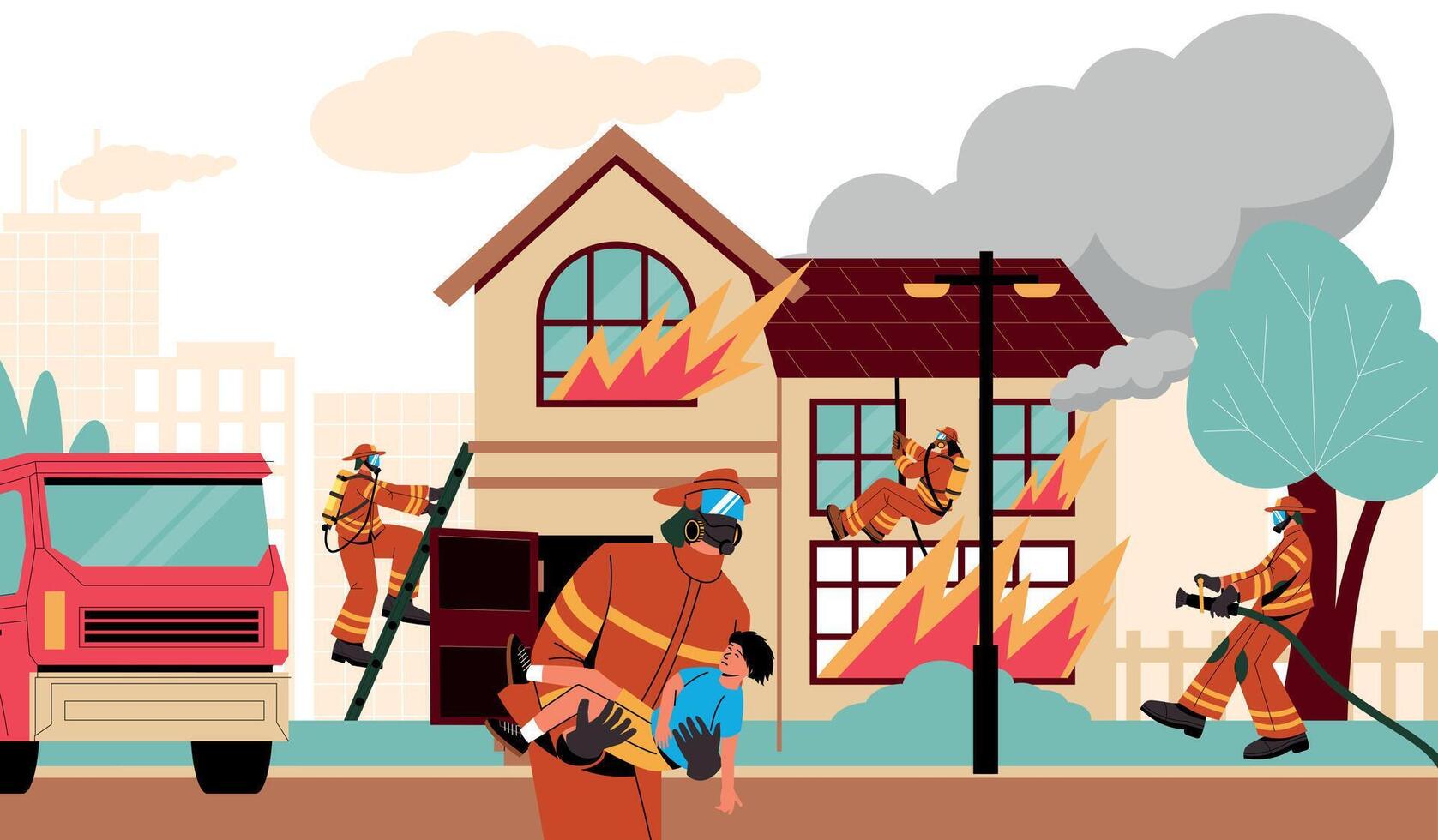Fire fighting team extinguish burning building and rescue people vector