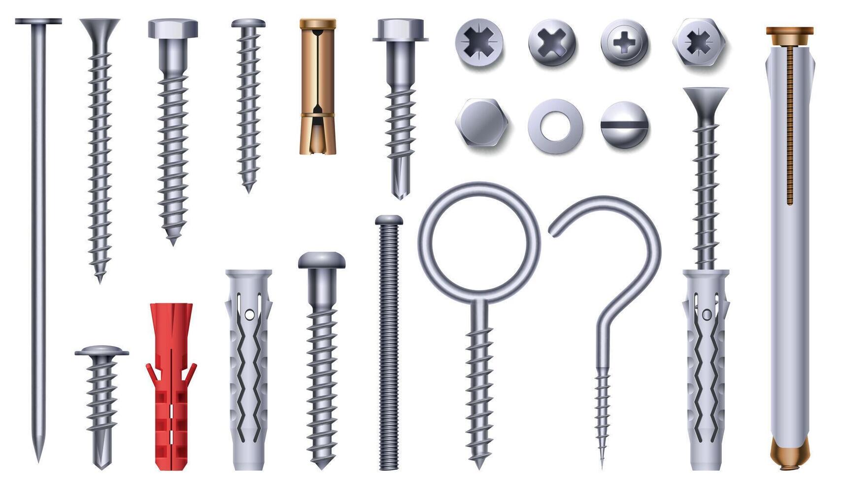 Realistic steel nut, bolt, screw and plastic dowel. 3d metal hardware elements with thread. Stainless nails, pins and studs heads vector set