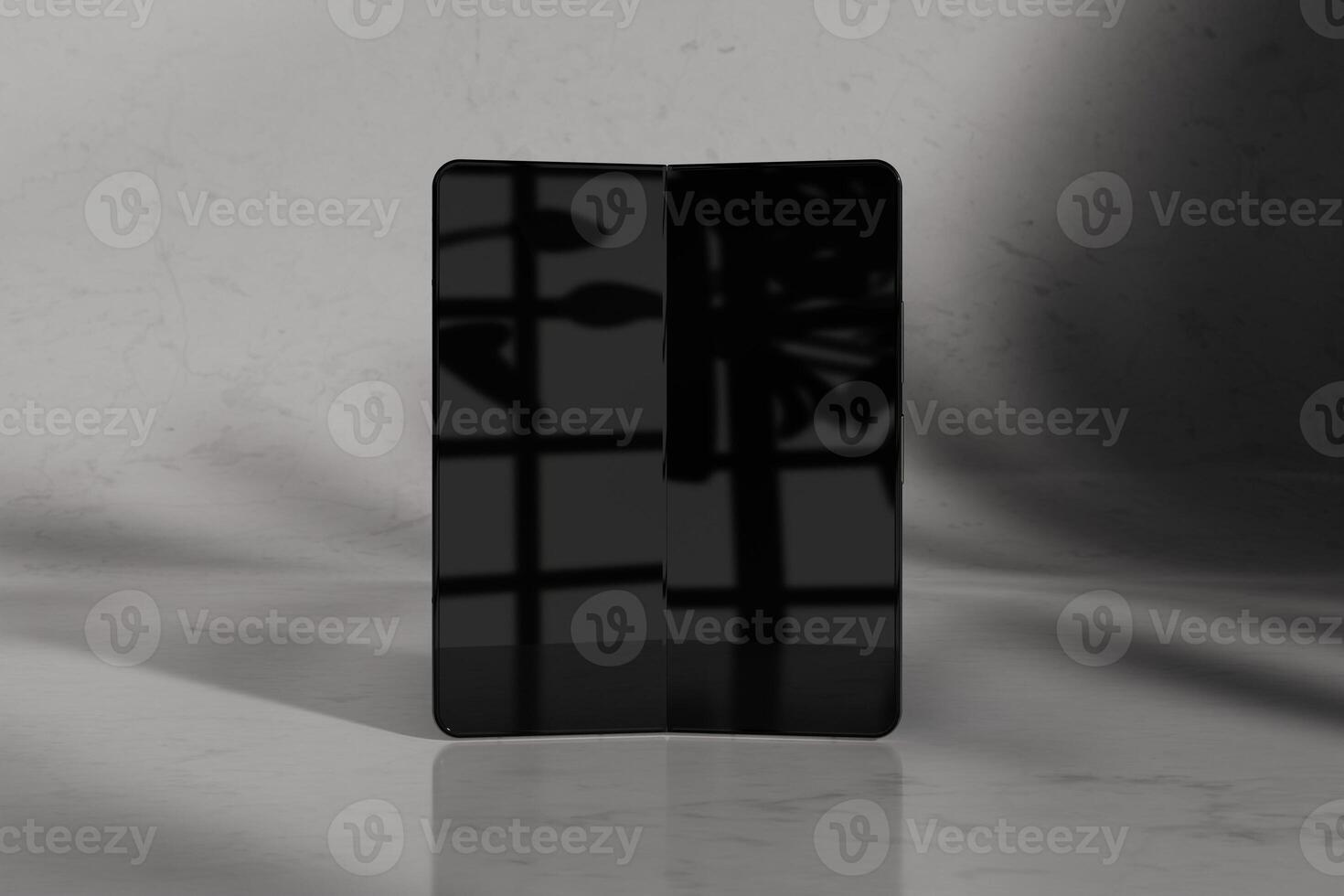 Foldable smartphone mockup with shadows overlay and screen reflection front view photo