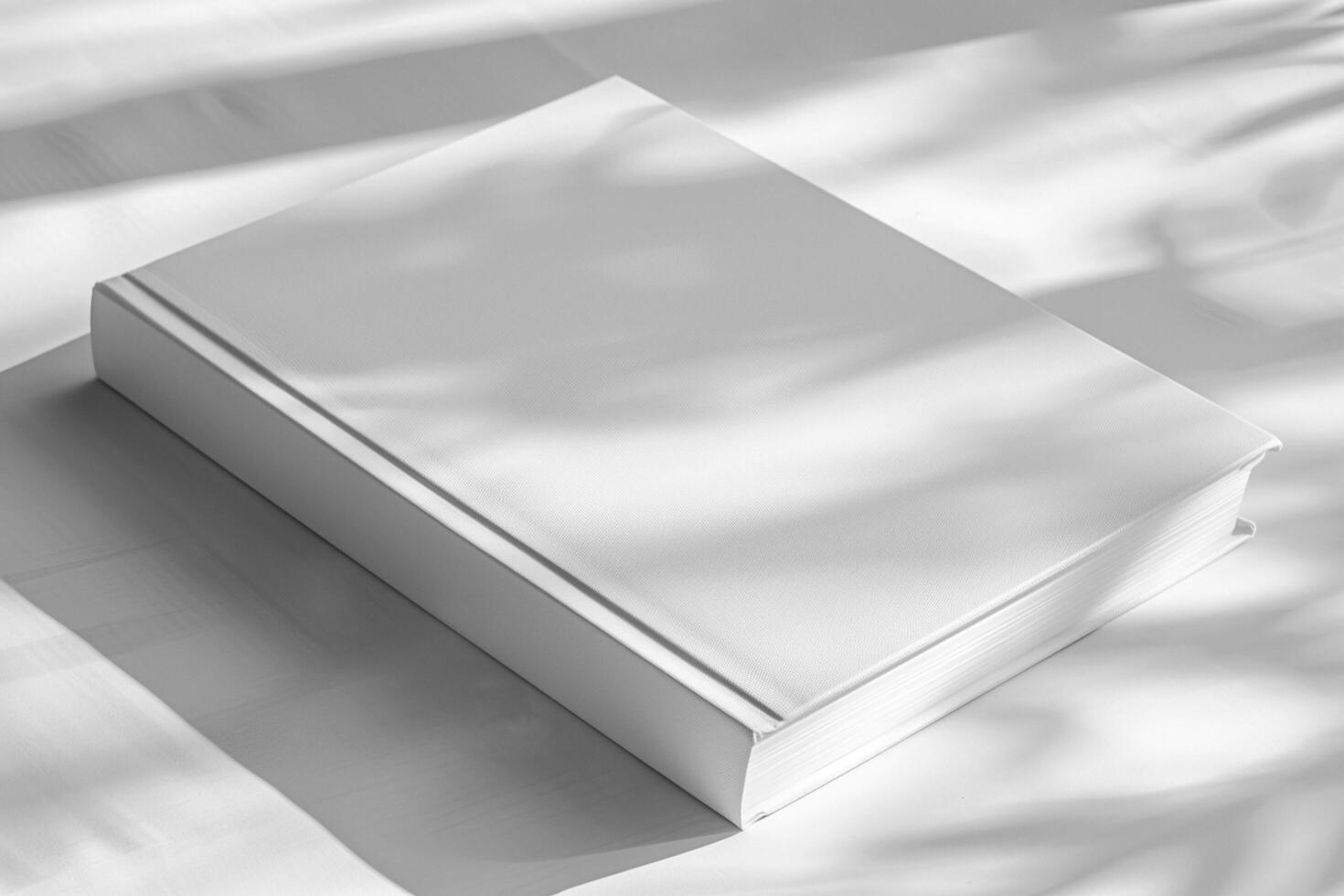 AI generated Blank book with shadows overlay on white photo