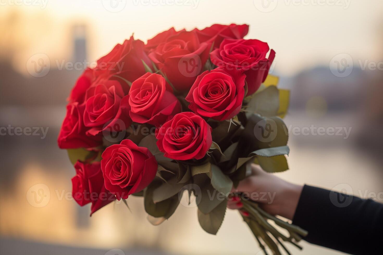 AI generated A bouquet of red roses hold in hand photo