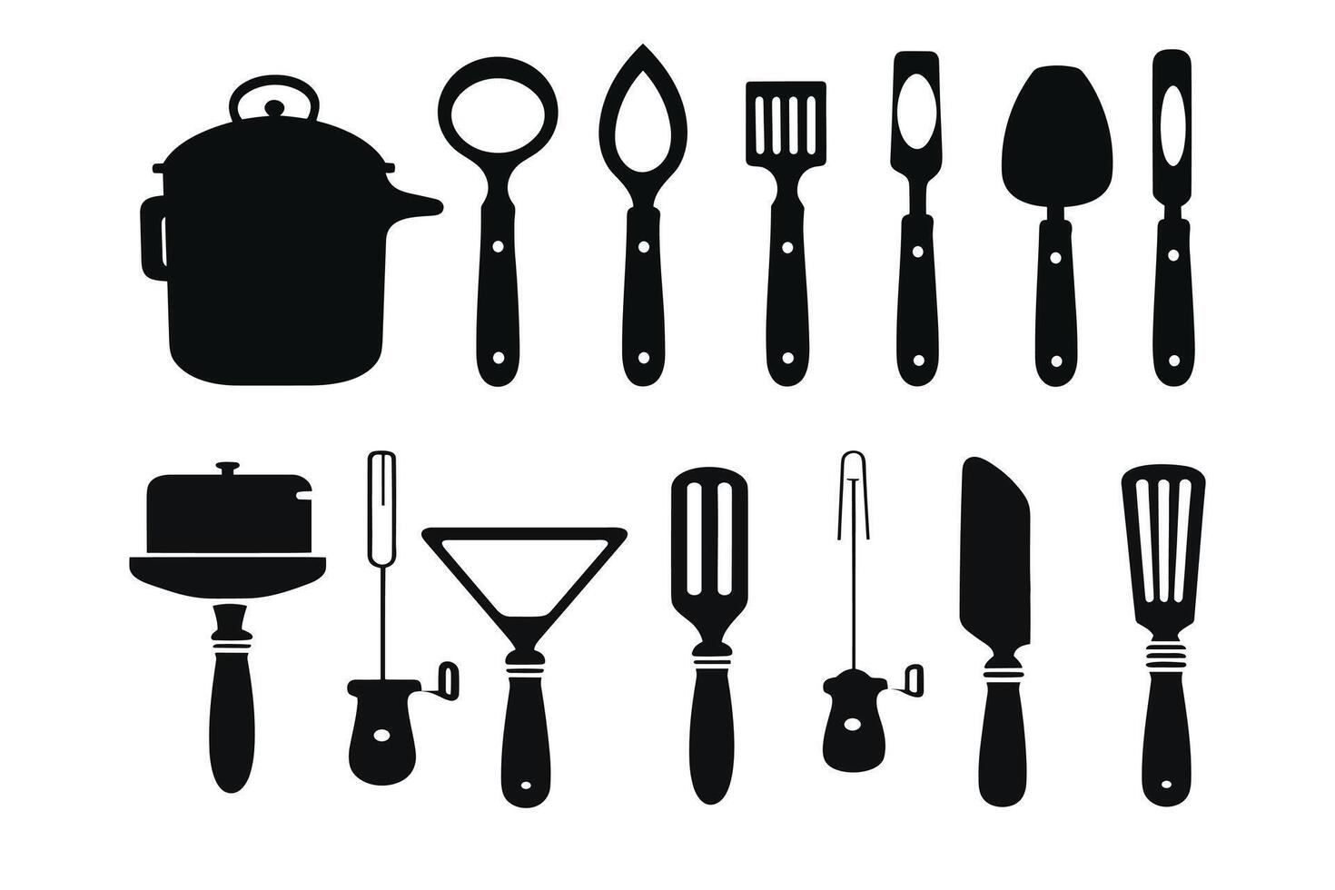 Silhouette of kitchen tools vector black elements, new, creative, restaurant tools silhouette, vector accessory hotel