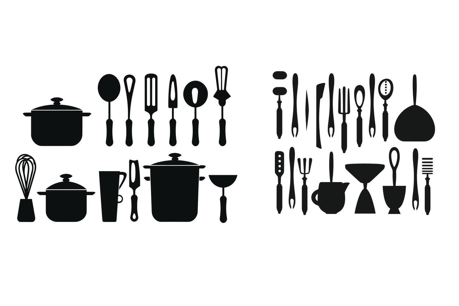 Silhouette of kitchen tools vector black elements, new, creative, restaurant tools silhouette, vector accessory hotel