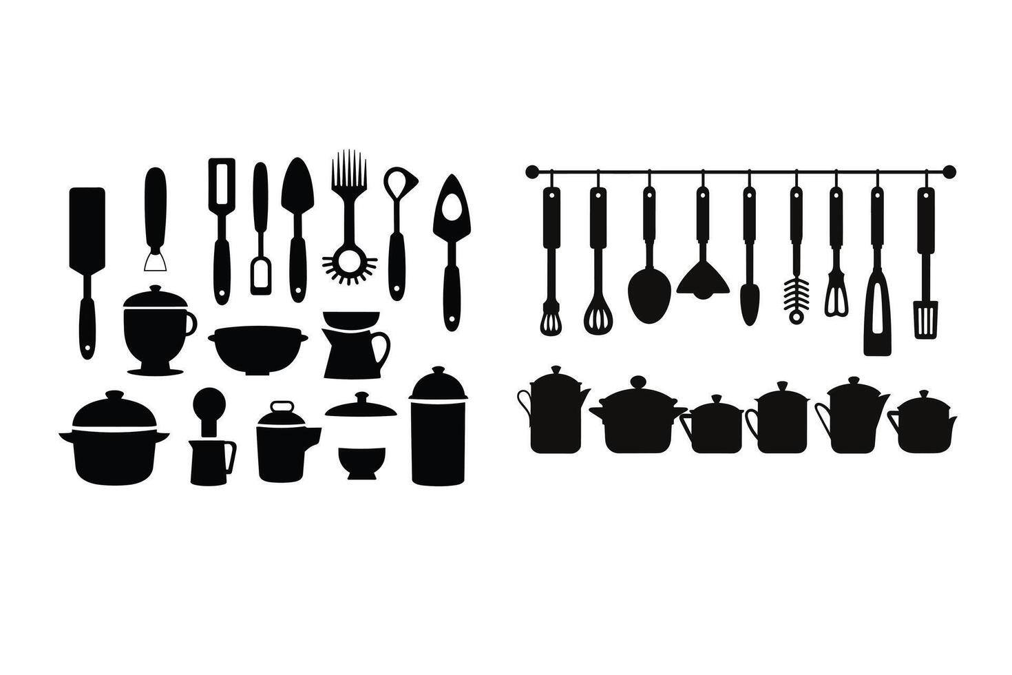 Silhouette of kitchen tools vector black elements, new, creative, restaurant tools silhouette, vector accessory hotel