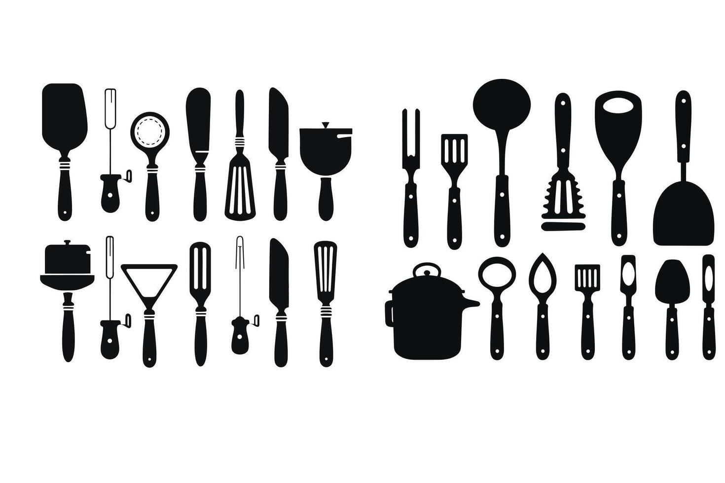 Silhouette of kitchen tools vector black elements, new, creative, restaurant tools silhouette, vector accessory hotel