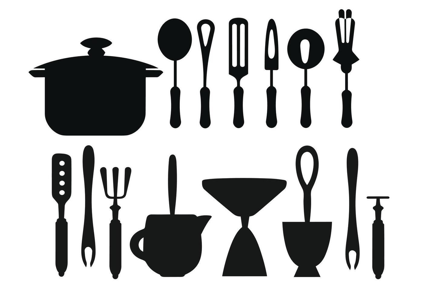 Silhouette of kitchen tools vector black elements, new, creative, restaurant tools silhouette, vector accessory hotel