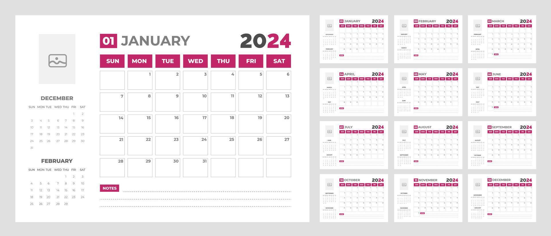 2024 calendario escritorio planificador modelo. corporativo negocio pared o escritorio sencillo planificador calendario con semana comienzo domingo. conjunto de 2024 calendario planificador modelo con sitio para foto y empresa logo. vector