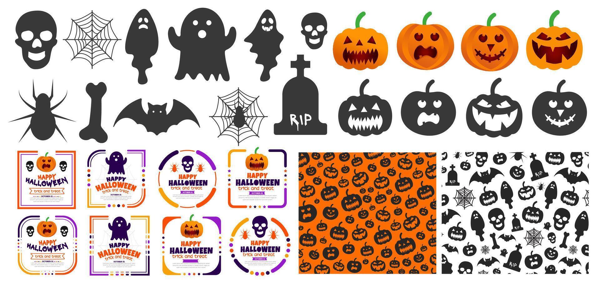 collection of mega bundle 31 October happy Halloween typography, pumpkins, spider, ghost, Halloween element, pattern, sticker design. use to background, banner, placard, party invitation card. vector