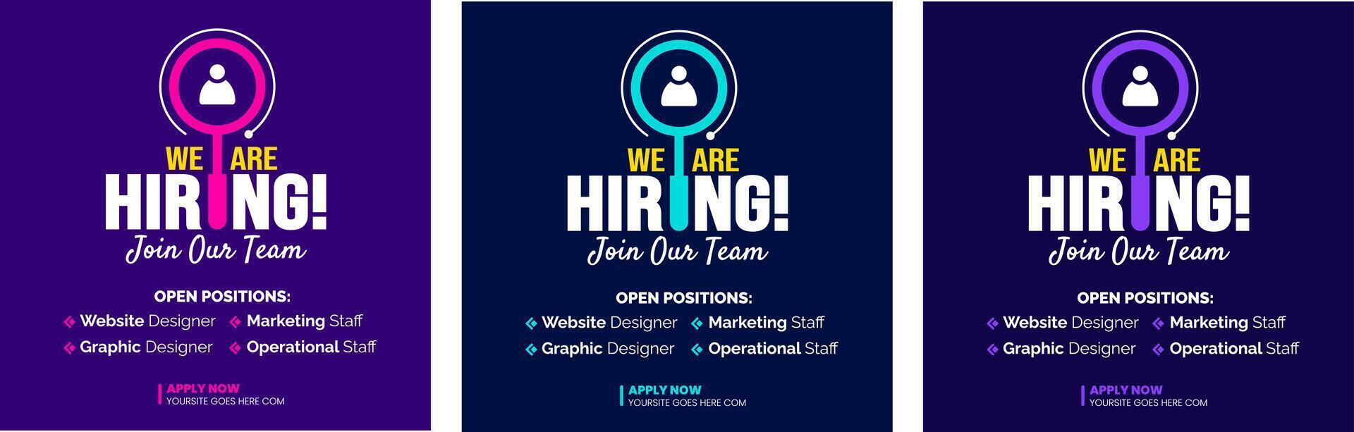 We are hiring job vacancy social media post banner design template set. business concept of search and recruitment. join our team announcement lettering in speech. Vector Illustration.