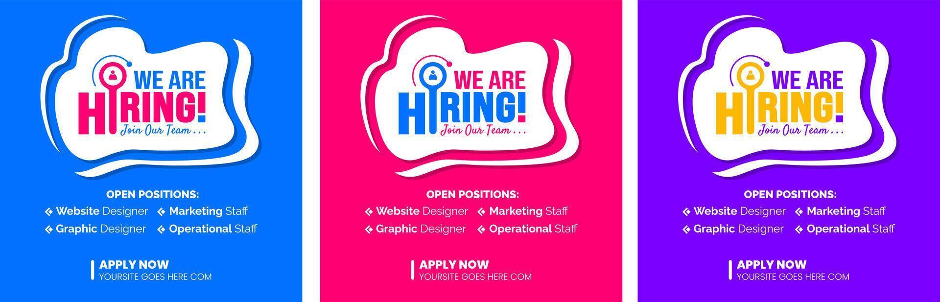 We are hiring job vacancy social media post banner design template set. business concept of search and recruitment. join our team announcement lettering in speech. Vector Illustration.