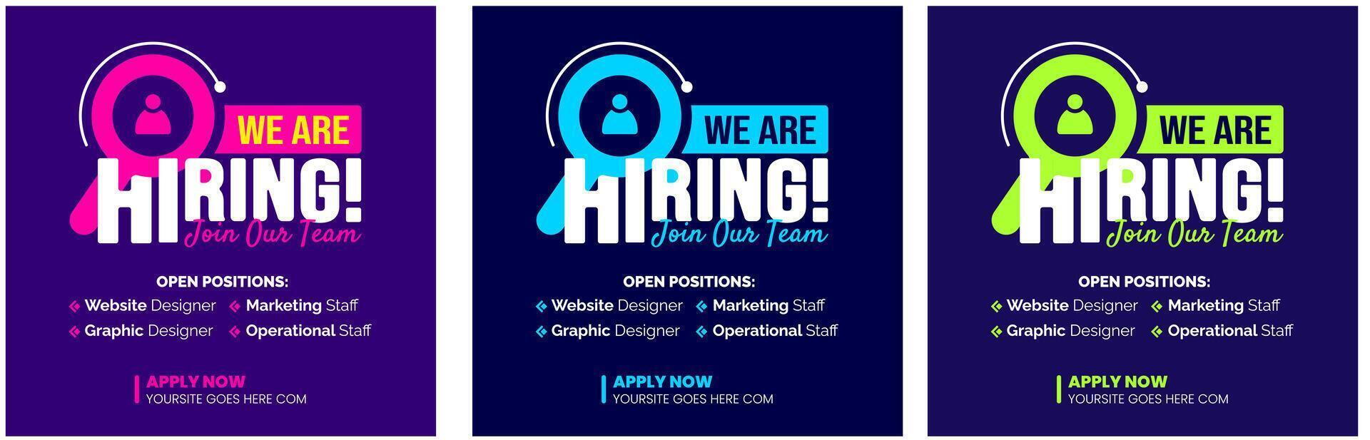 We are hiring job vacancy social media post banner design template set. business concept of search and recruitment. join our team announcement lettering in speech. Vector Illustration.