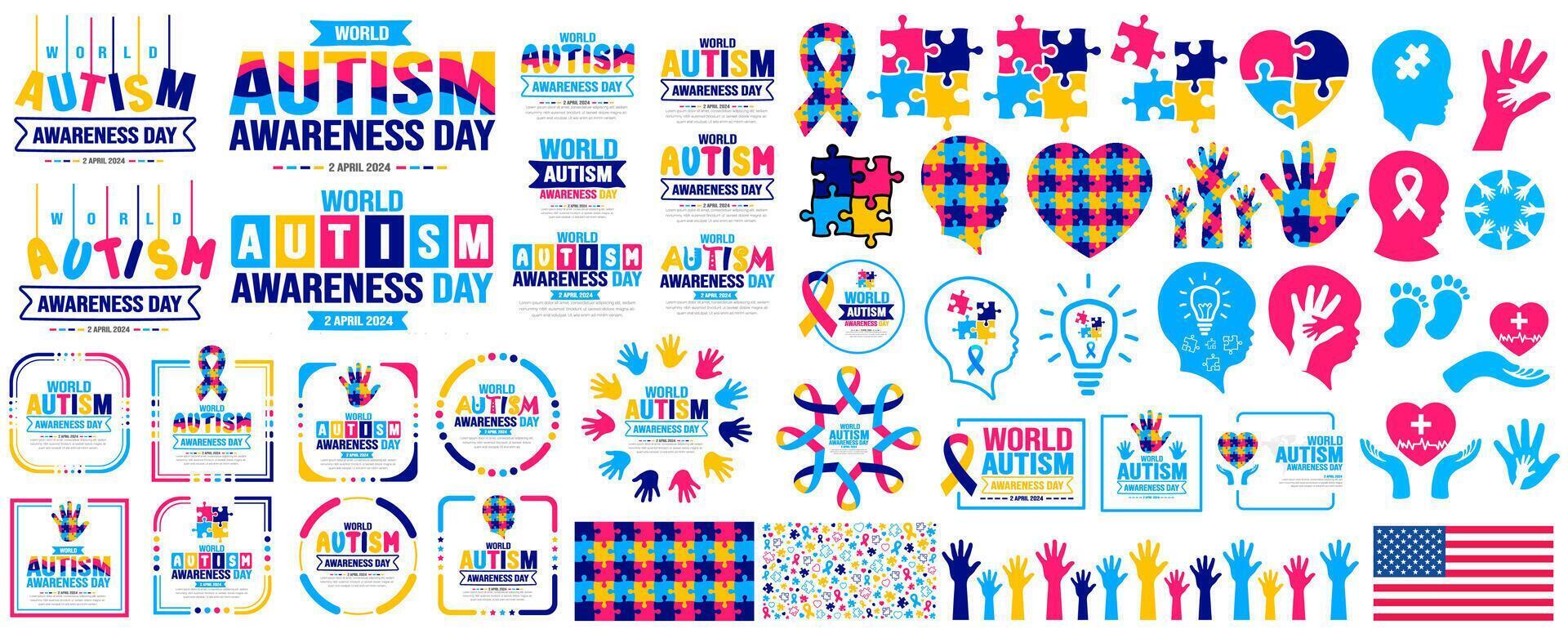 big mega set of World autism awareness day puzzle pieces, typography, sticker, puzzle pieces love, ribbon, people raising hands, autism baby head,  social media post banner, background, banner bundle. vector