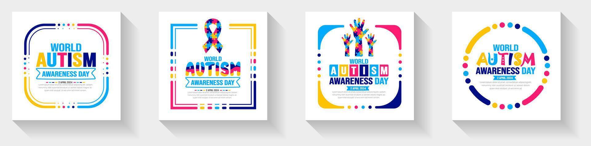 World autism awareness day typography sticker or social media post banner design template set celebrated in 2 April. use to background, banner, card, greeting card, poster, book cover, placard, frame. vector