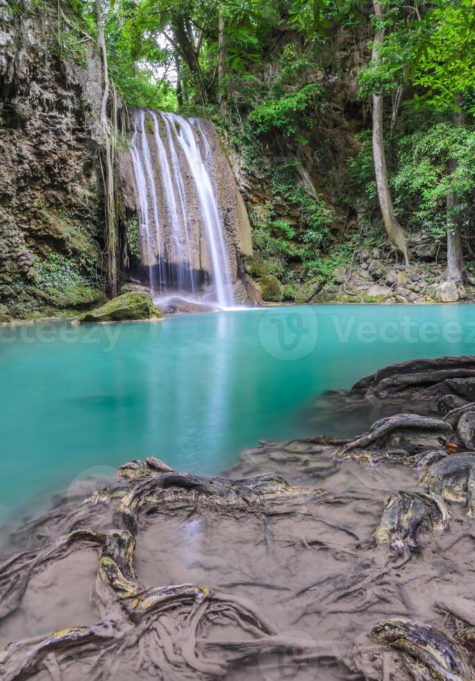 Beautiful deep forest waterfall of Erawan waterfall in Kanchaburi, Thailand photo