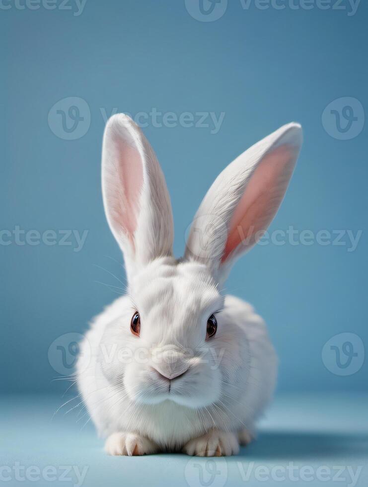 ai generado foto de blanco Conejo oído en pastel azul antecedentes Pascua de Resurrección día 3d representación. ai generado