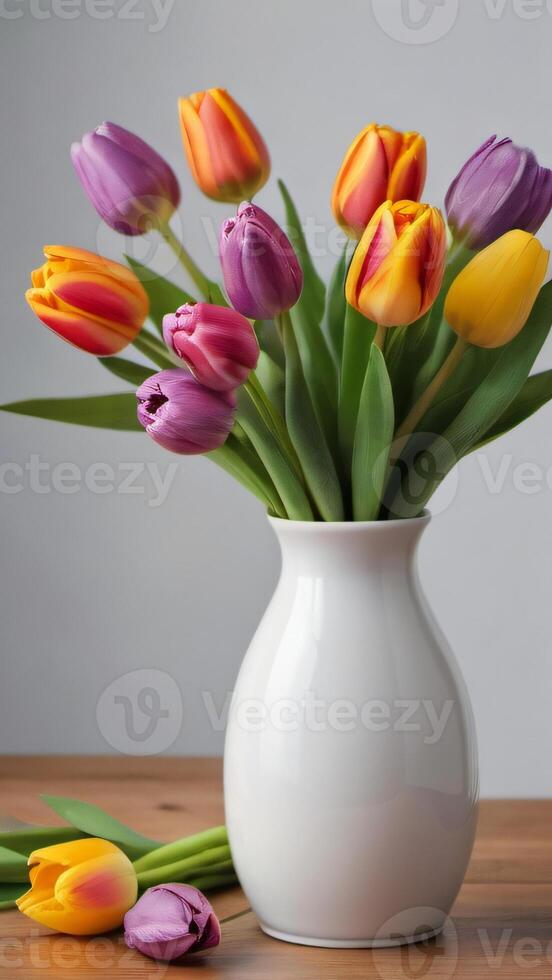 AI generated Photo Of Set Of Colorful Tulips Flowers Bouquet Of Colorful Tulips In A White Vase Colorful Tulip Close Up Isolated On A White Background. AI Generated