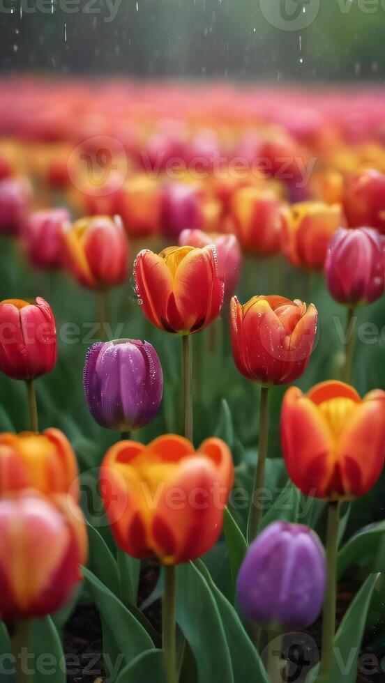 AI generated Photo Of A Mesmerizing Kaleidoscope Of Tulips Dances In A Rainbow Garden Blessed By A Gentle Rain Shower. AI Generated
