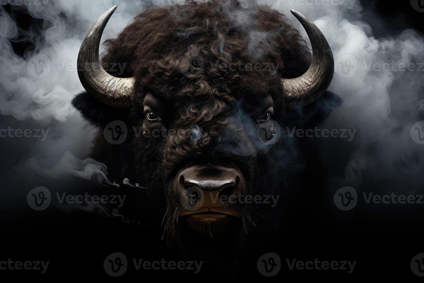 AI generated Face of a bison watching us with predator eyes in a full black decor and smoke photo