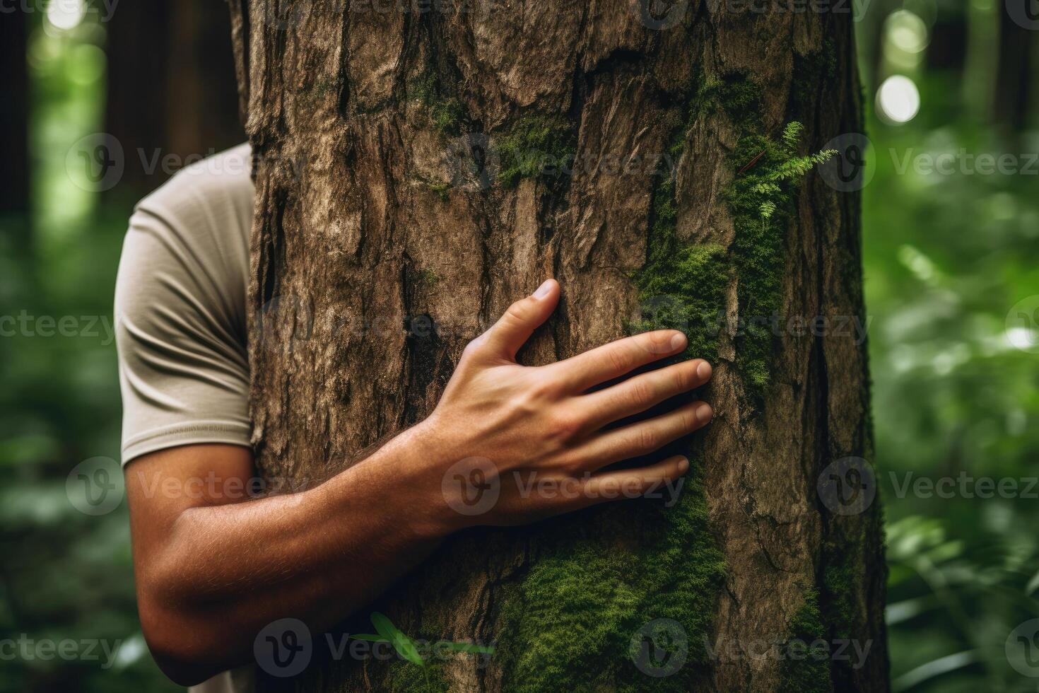 AI generated Nature lover hugging trunk tree photo