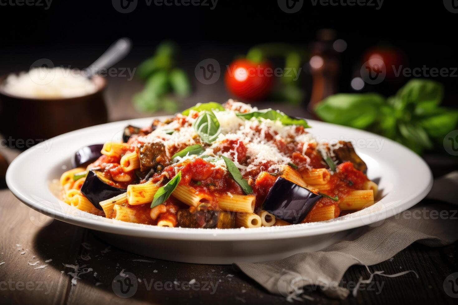 AI generated Pasta Alla Norma. Delicious Sicilian pasta dish with roasted eggplant, marinara tomato sauce, grated ricotta and fresh basil photo