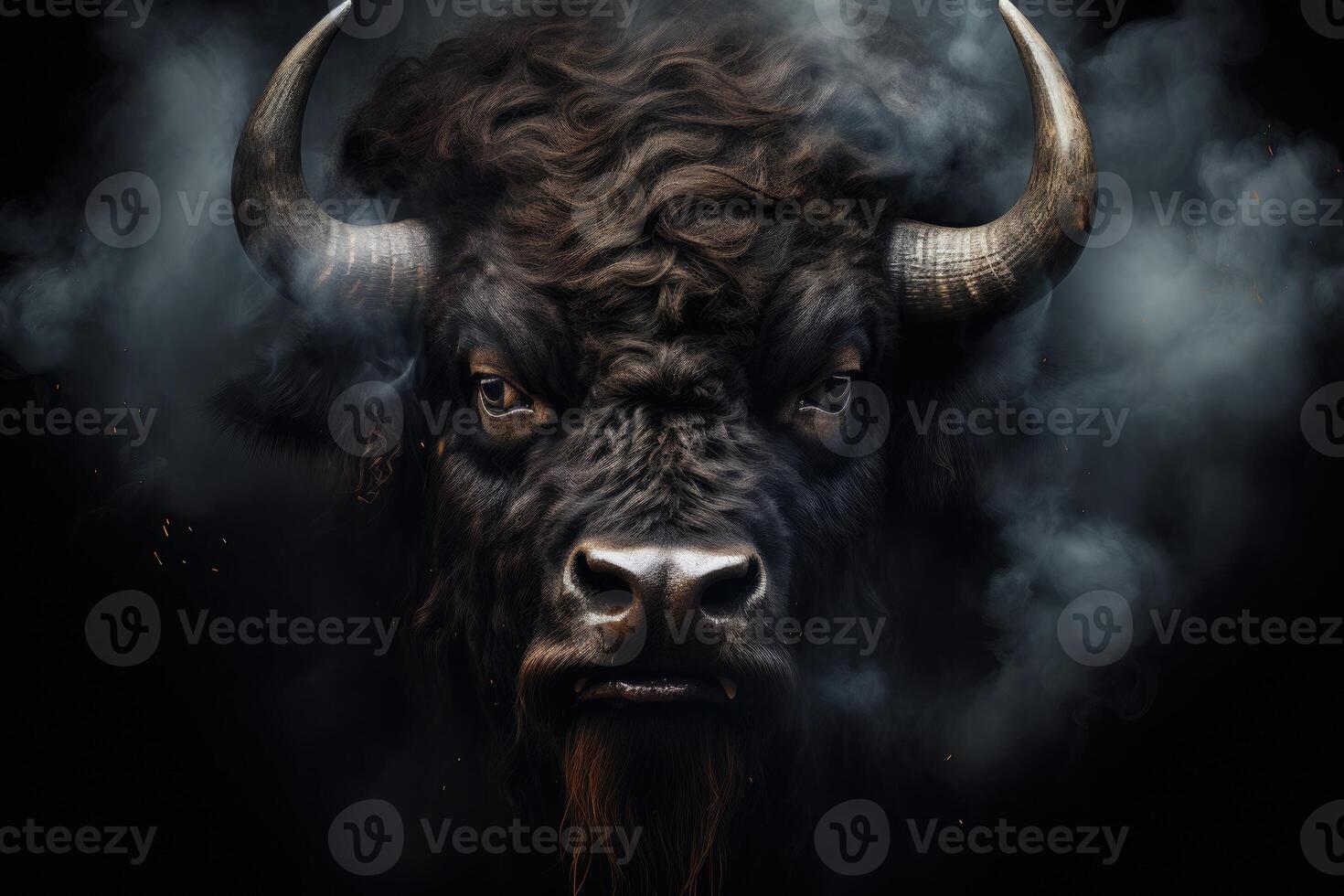 AI generated Face of a bison watching us with predator eyes in a full black decor and smoke photo