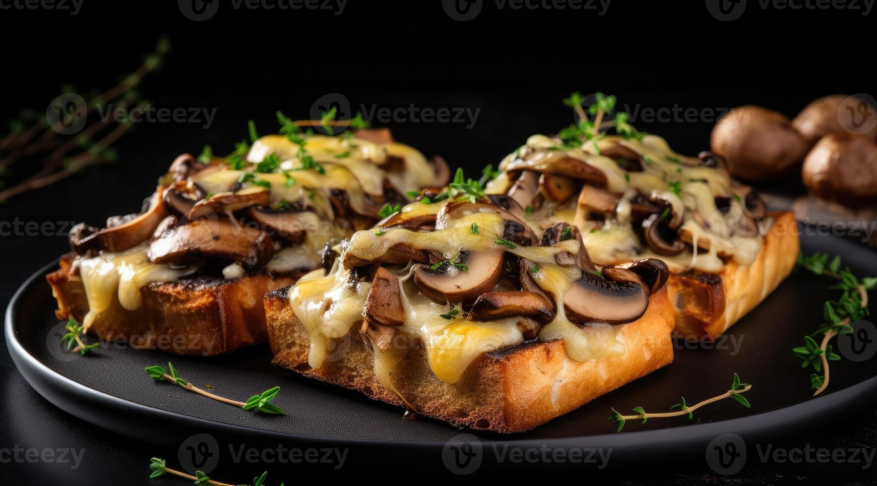 AI generated Mushroom toasts with cheese and fresh thyme on a black background, close-up. photo