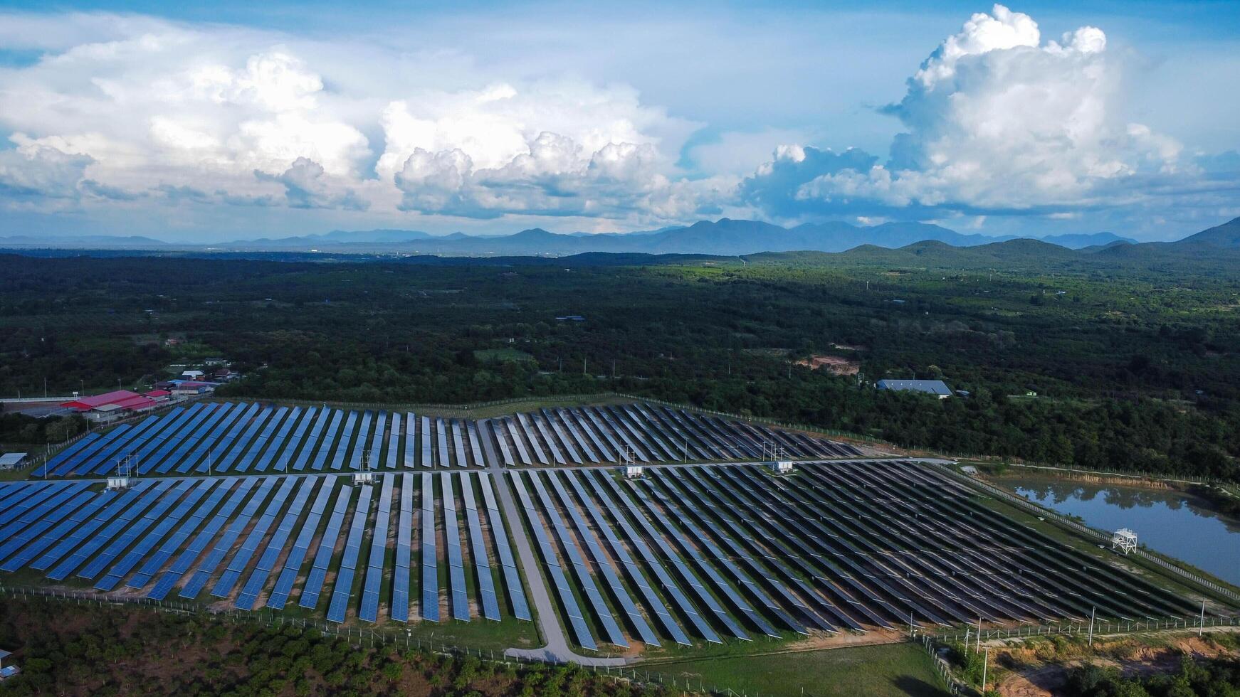Drone aerial view of Solar panels system power generators from sun. Top view on photovoltaic solar power panels. Alternative Energy Sources. The Concept of Sustainable Resources. photo