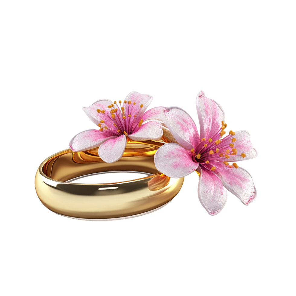 AI generated Gold wedding rings on flower png