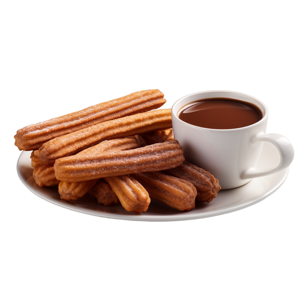 ai generato un' piatto di churros con un' tazza di cioccolato salsa su esso png