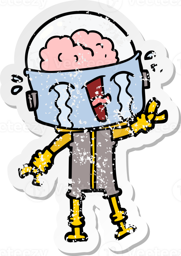 distressed sticker of a cartoon crying robot waving png