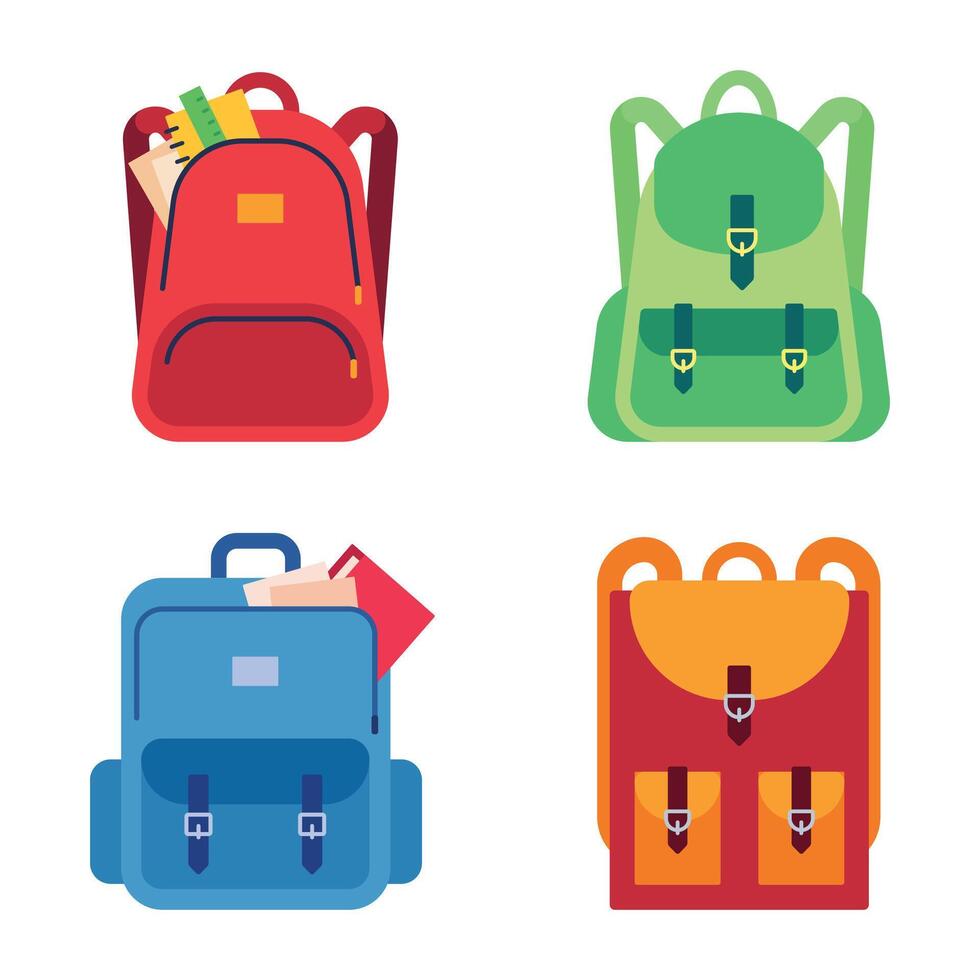 School bags, childish backpacks with stationery and notebooks. Kids colorful rucksacks with different supplies vector