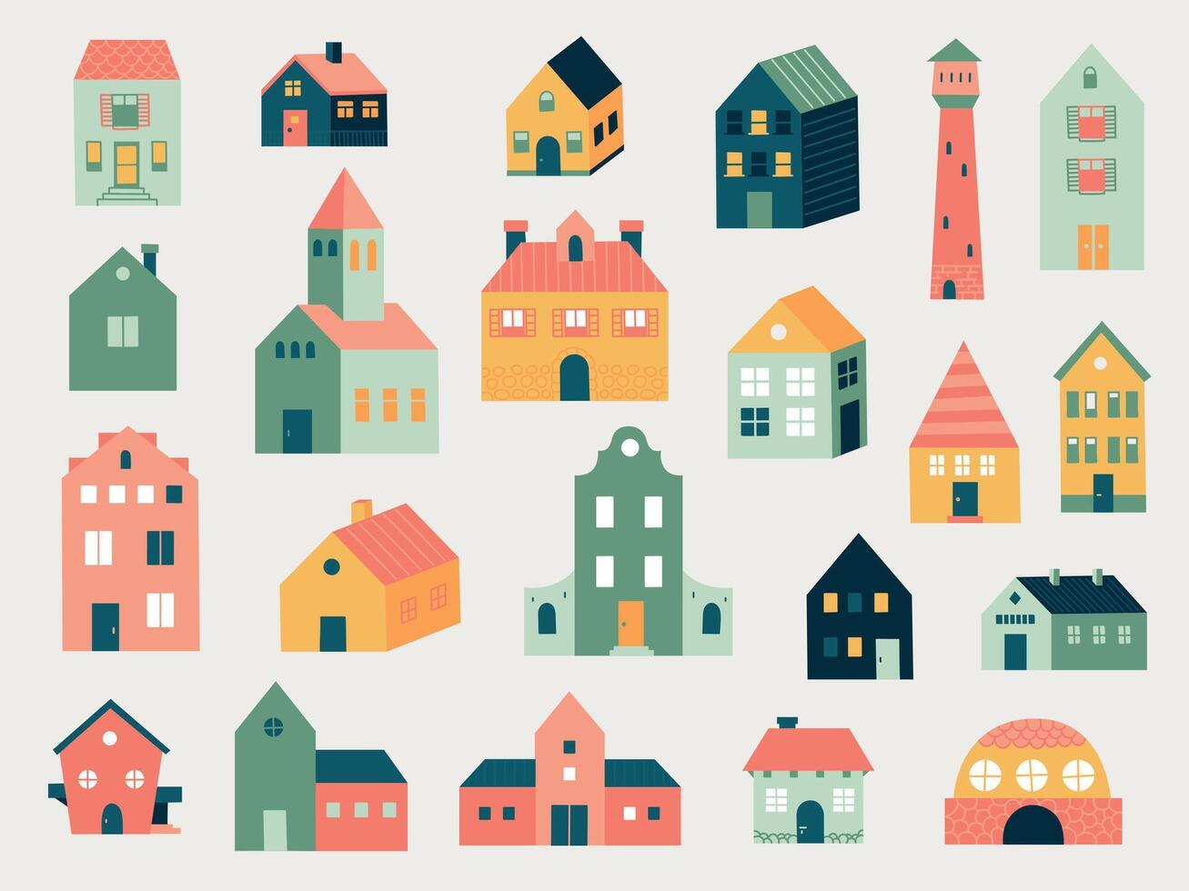 Doodle colored houses. Abstract hand drawn line cottage houses and rural farm buildings, cute small neighborhood houses. Vector isolated set