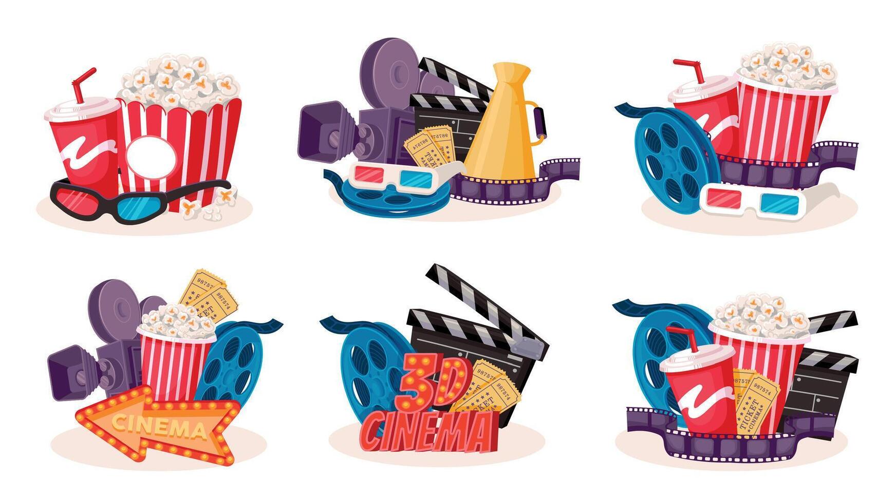 Cinema cartoon icons. Cartoon movie production and film theater symbols collection, camera film bobbin popcorn clapper cinematography elements. Vector set