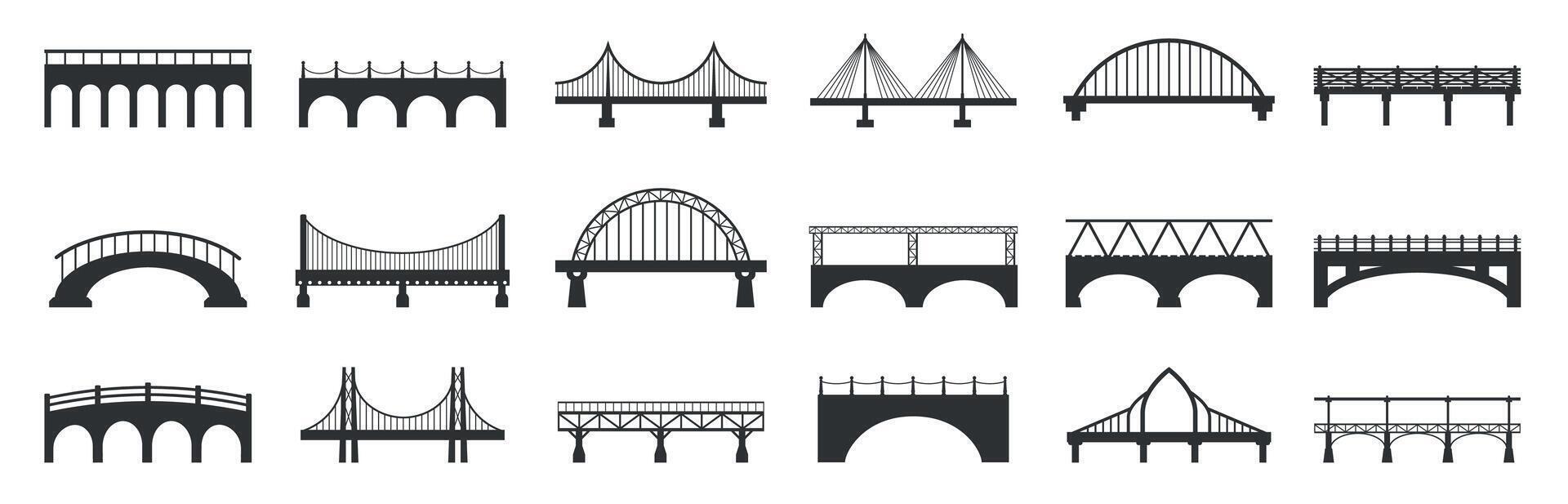 puente silueta. resumen puente peatonal construcciones con Roca metal vigas, industrial urbano arquitectura edificio negro iconos vector aislado conjunto