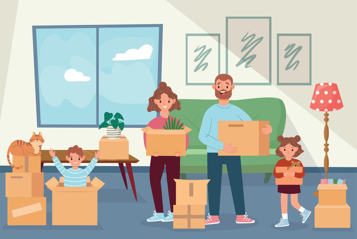 familia moverse a nuevo casa. contento padre y niños participación cajas con casa cosa. madre, padre, niños y gato reubicarse vector