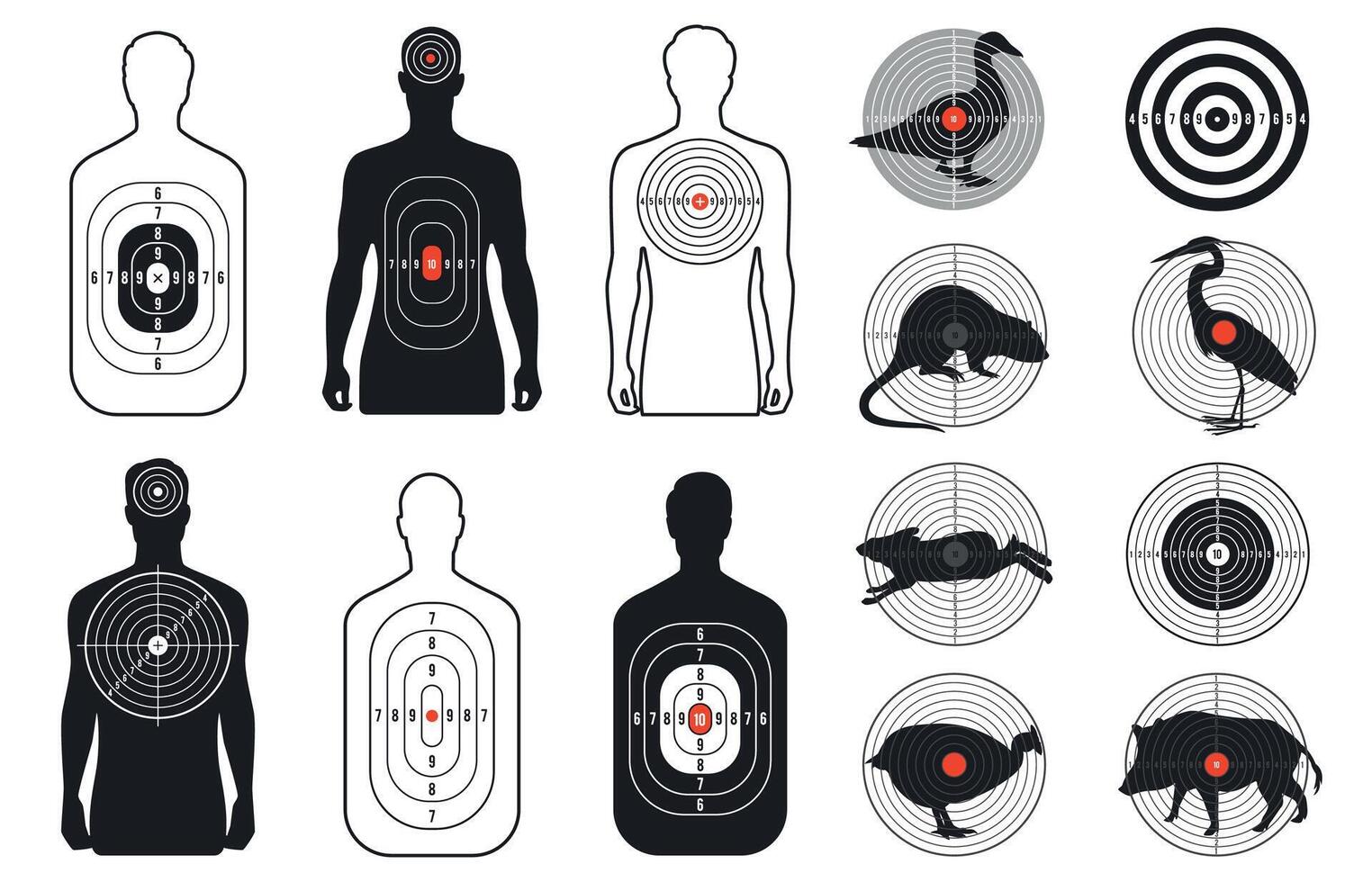 Target silhouettes. Shooting range bullseye aim animals human shapes for military practice training competition, flat gun shot goal with hit point. Vector set