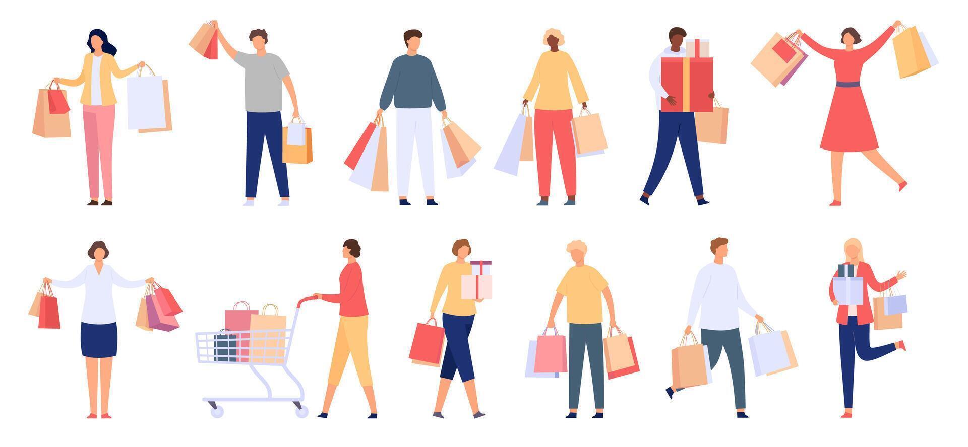 Shopping people. Male and female consumers with shop bags, gift boxes and carts. Happy customer characters with purchase, cartoon vector set