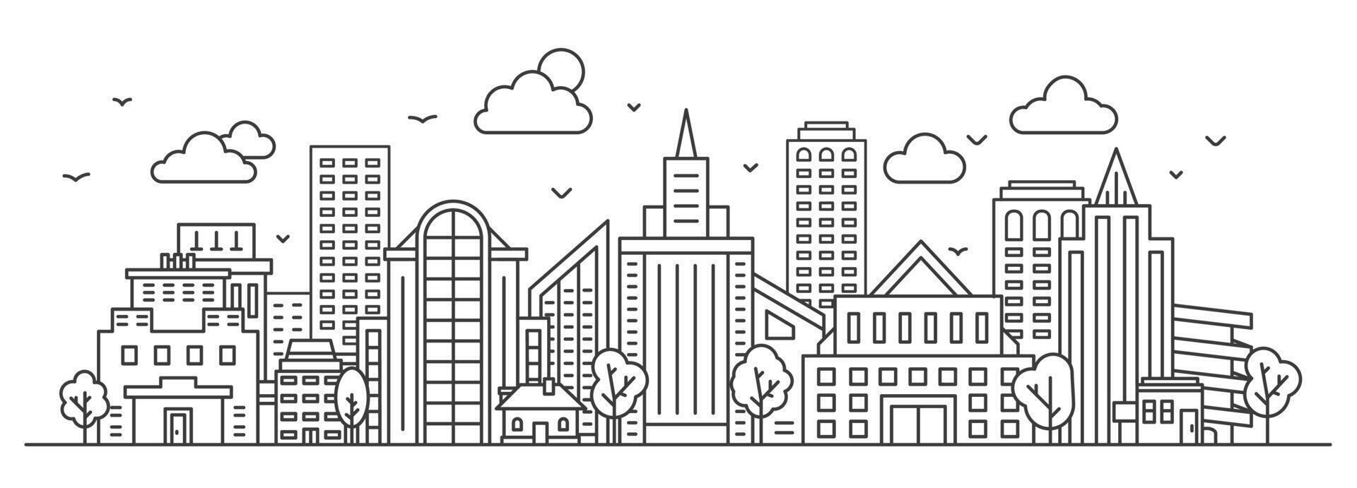 Line city landscape. Urban panorama with skyscraper, buildings and trees. Outline town street and sky. Thin linear cityscape vector concept