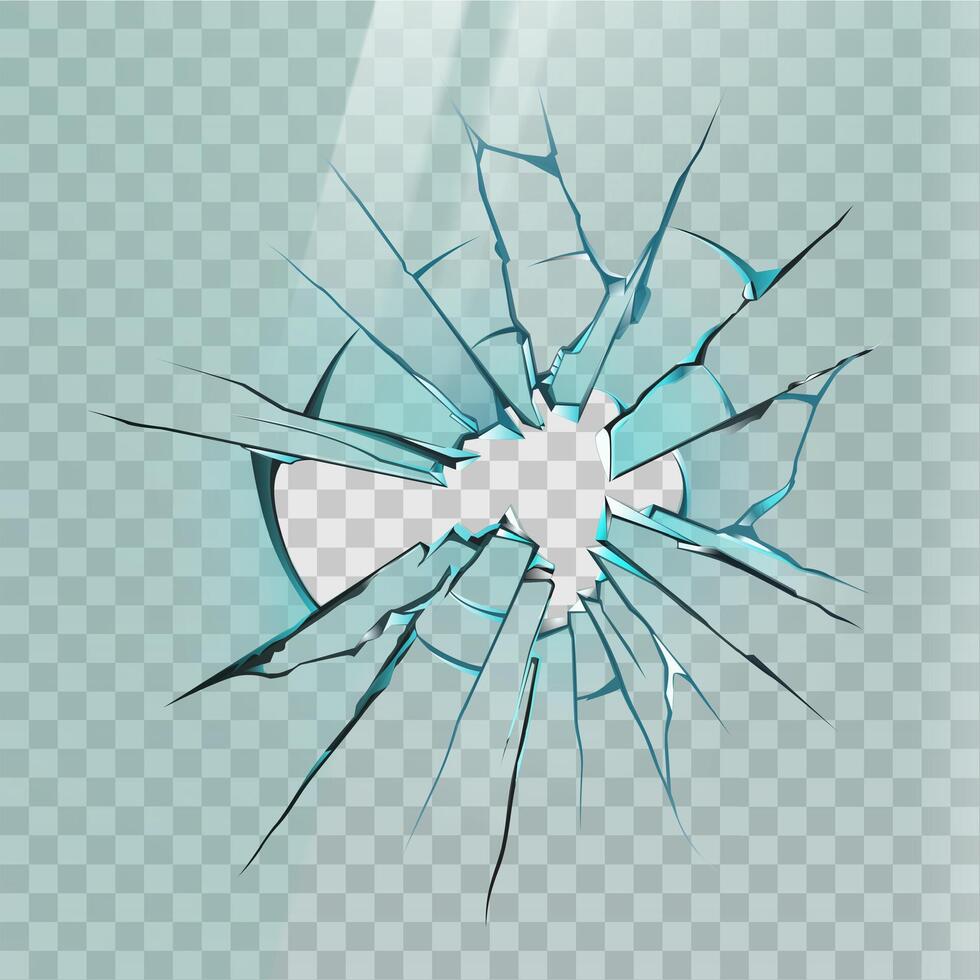 Broken glass. Realistic crack on window, ice or mirror with sharp shards and hole. Smashed screen effect, shattered glass wall vector mockup