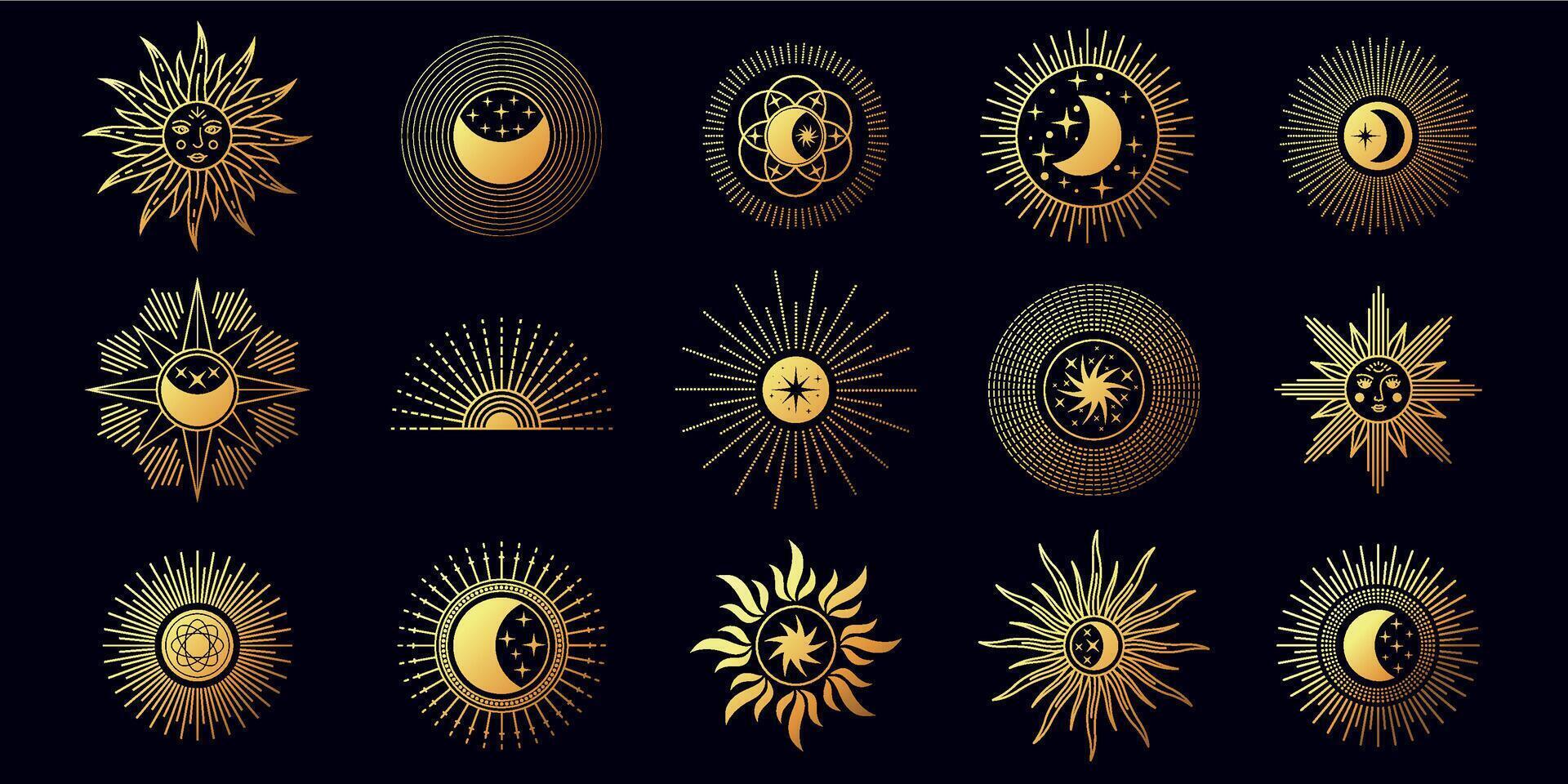 Moon, sun and stars, celestial boho line elements. Chic golden mystic astrology symbols. Minimalist yoga tattoo and logo design vector set