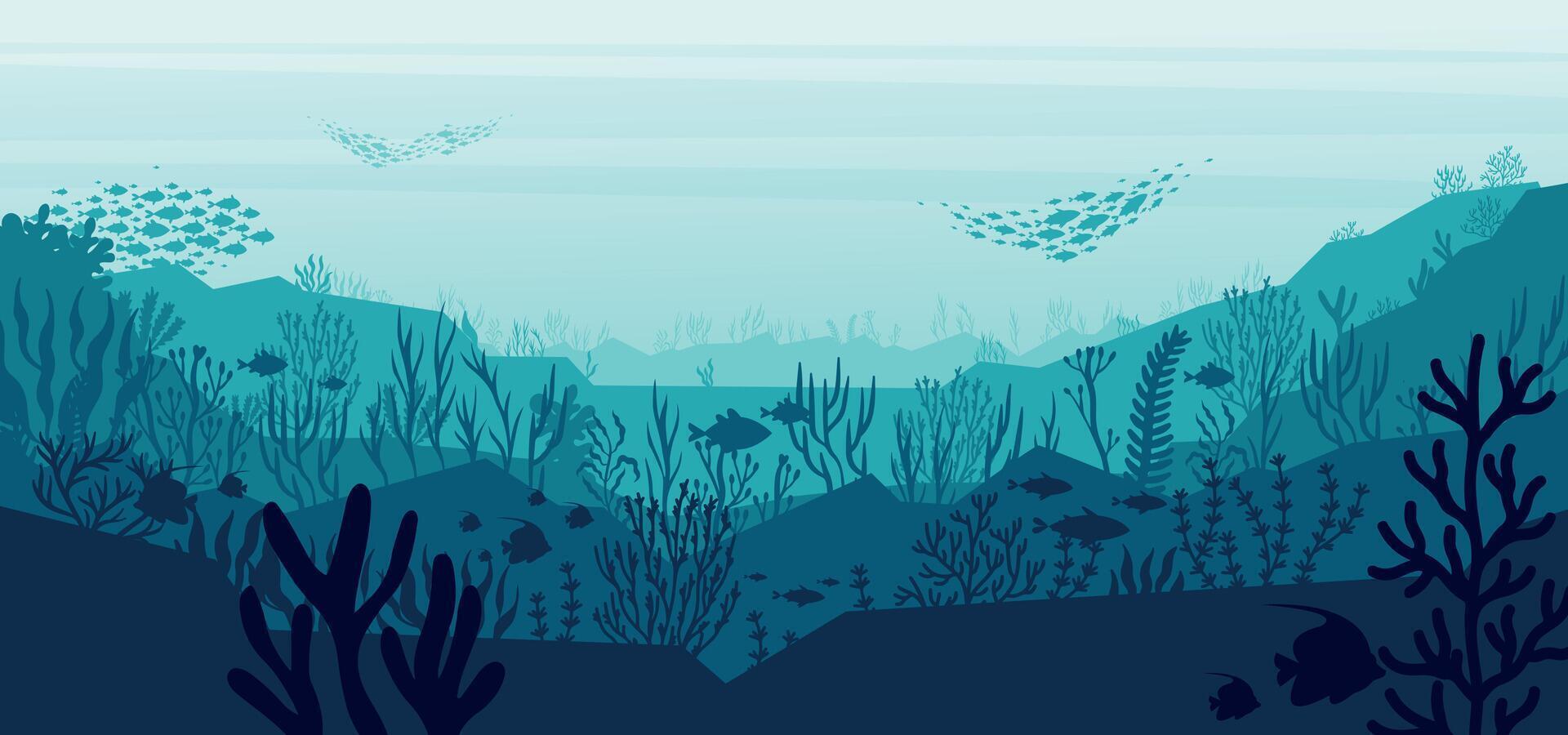 Underwater silhouette landscape. Exotic marine underwater scene with coral reef and fish. Vector background with manta and hammerhead sharks