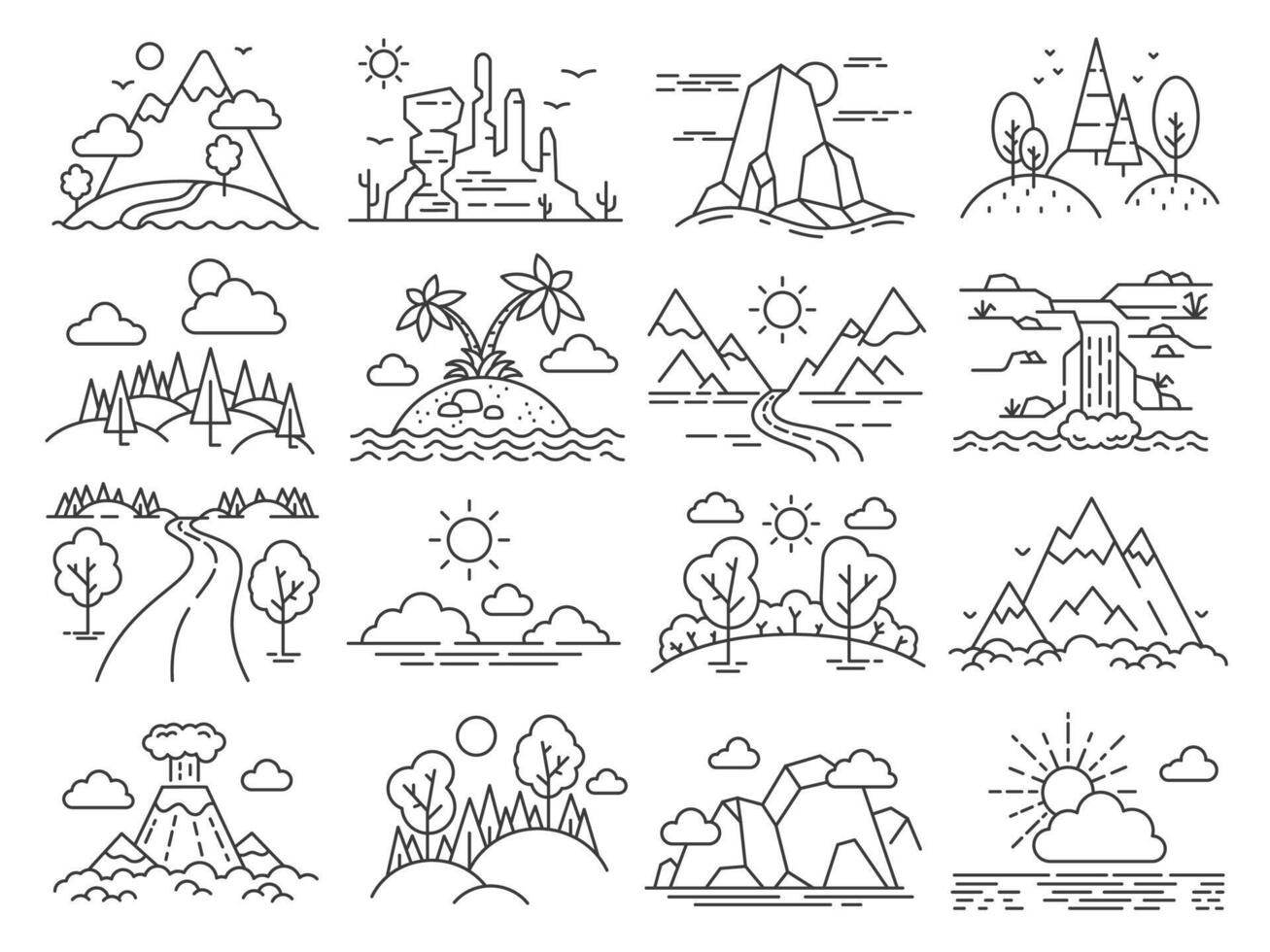 Line nature landscape. Forest trees, mountain, tropical sea island, desert and volcano. Outdoor adventure and hiking outline icon vector set