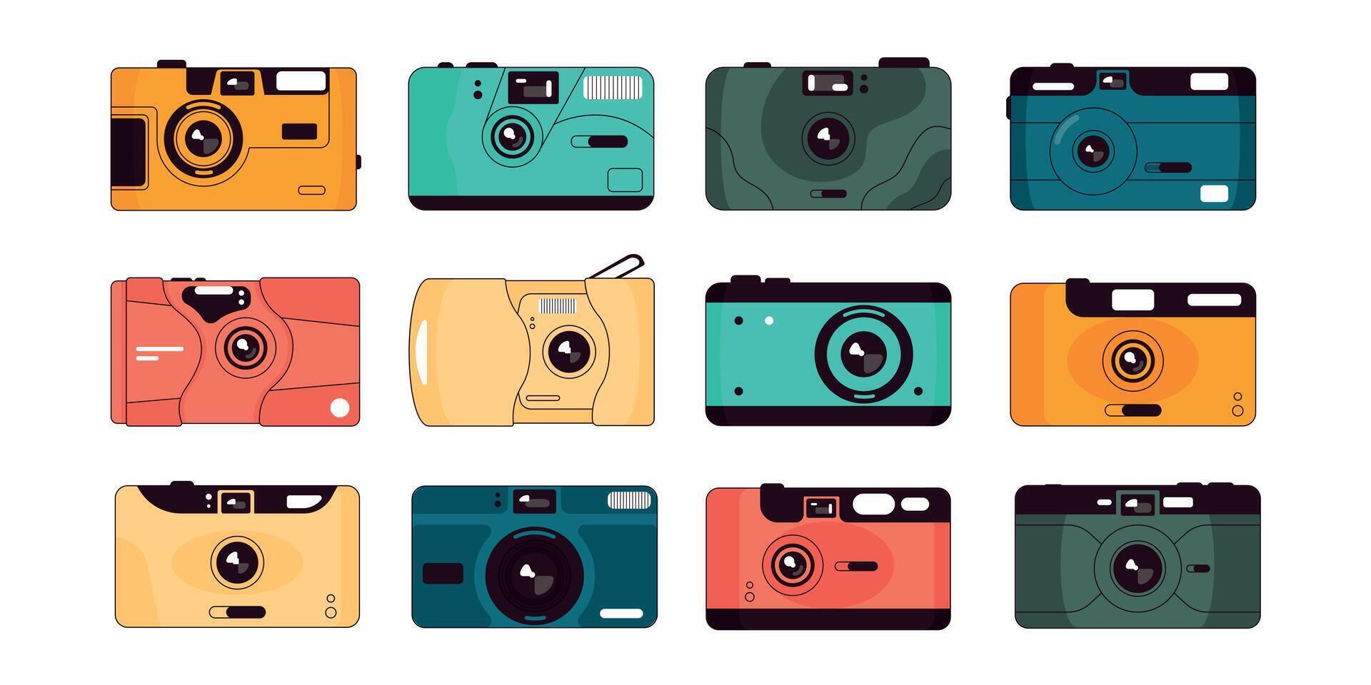 punto y disparar cámara. hipster retro cámara con el plastico lente, antiguo viaje fotografía equipo para foto disparo. vector plano pegatina conjunto