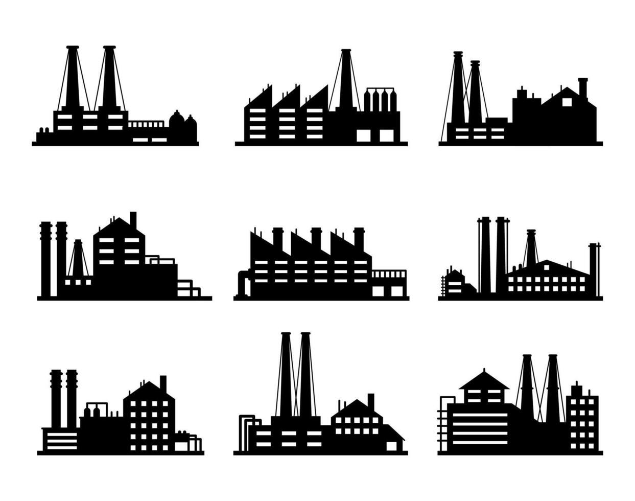 Industry business buildings. Industrial warehouse, manufacturing factory and factories exterior silhouettes vector