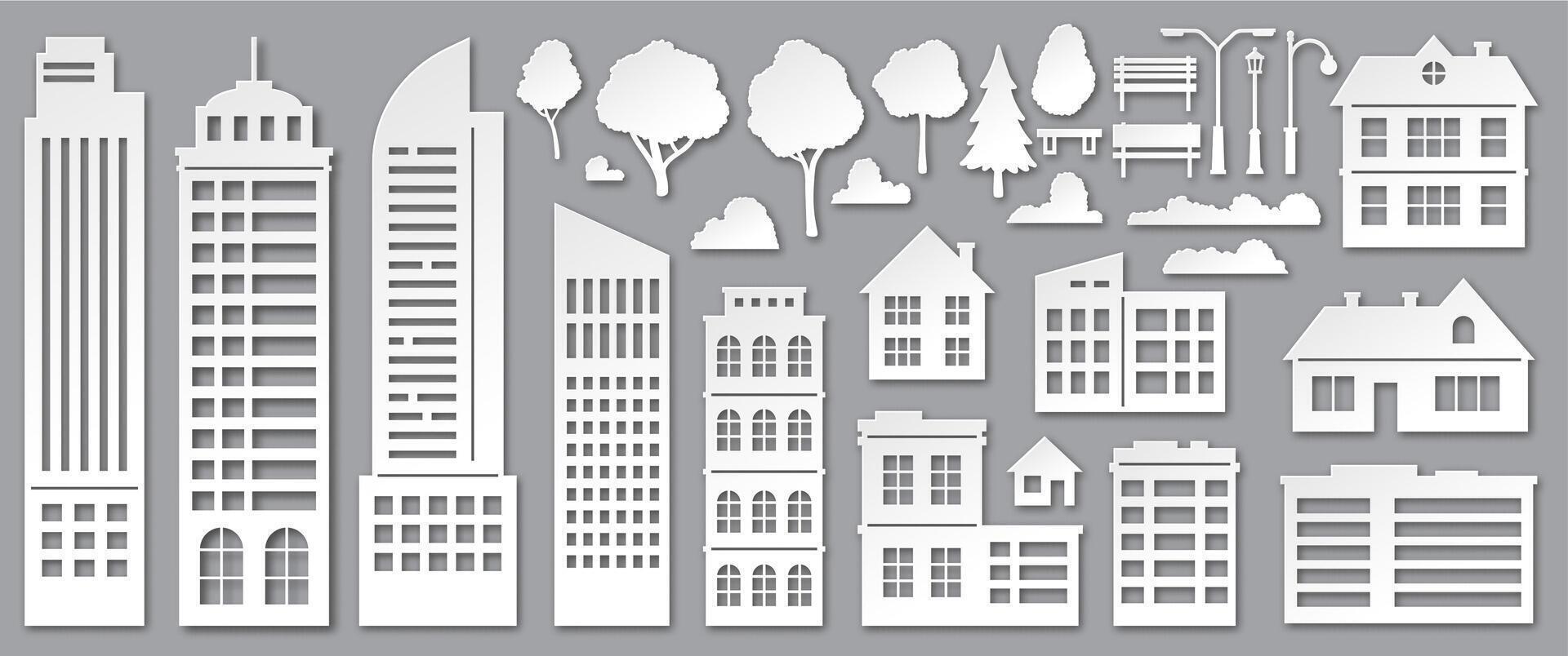 Paper cut city buildings. Origami skyscrapers, town houses, village cottages and park trees silhouettes. Urban landscape elements vector set